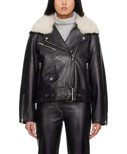 Chaqueta de Cuero Negra para Motociclista para Mujer |   Abrigo Corto de Invierno Estilo Moto |   Elegante Piel de Oveja con Cuello de Pelo - Product Image 1