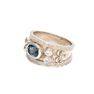Anel de bronze arco-íris com pedra preciosa, anel de quartzo e pedra da lua, para cor azul da manhã