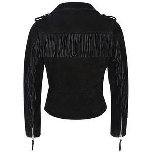 Veste en cuir suédé à franges noires pour femme, veste en cuir de Style moto en peau de mouton véritable - Product Image 4
