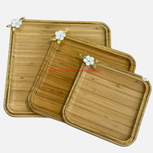 Plateau de service en bambou de qualité supérieure Accents de fleurs décoratives Plateau en bois ovale parfait pour la décoration intérieure Ustensiles de cuisine Restauration écologique - Product Image 6