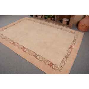 Vintage Turkish Rug Traditional Beige 6.2 X 8.8 ft Patchwork Pattern Wool and Viscose Latex Backing for Entryway or Bedside - Product Image 3