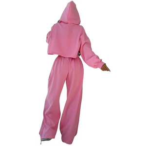 Conjunto de 2 Piezas de Alta Calidad, 100% Algodón, Lavado Ácido, Invierno, Bordado, Malla Rasgada, Encaje, Sudadera Corta con Capucha y Pantalones Jogger, Cremallera, Diseño Personalizado 3D - Product Image 3