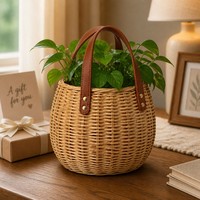 Panier à plantes en rotin avec poignée en similicuir, style sac fourre-tout, porte-plantes tissé, décoration intérieure bohème, écologique