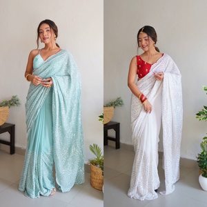 Saree en georgette douce avec chemisier pour femmes, robes de soirée indiennes, tenue de mariage, 2 couleurs, dernier modèle de créateur - Product Image 1