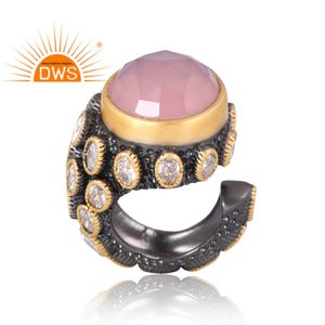 แหวนพลอย925ชุบทอง18K ประดับพลอยคาลซิโดนีและเพชร CZ ชุบทอง18K จากผู้ผลิตเครื่องประดับชั้นดี - Product Image 1