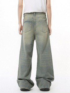 Loose Fit Wide Leg Retro Green Denim <b>Jeans</b> <b>Mens</b> Cotton Straight Leg Stacked Baggy Style New Arrival Pants - Product Image 3