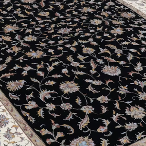Tapis persan en laine noué à la main de luxe, qualité supérieure, motif floral noir avec bordure ivoire, tapis et ensembles de tapis de qualité supérieure - Product Image 1
