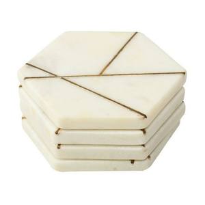 Hexa Brass Inlay White & Gold Marble <b>Set</b> of Table <b>Coaster</b> Personalized Marble Drink <b>Coaster</b> Marble Pattern & Metal - Product Image 4