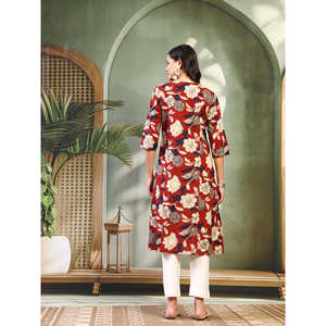 Kurta Recta Estampada de Algodón Puro para Mujer, Color Granate, Cuello Redondo, Largo hasta la Pantorrilla, Cintura Natural, Transpirable - Product Image 3