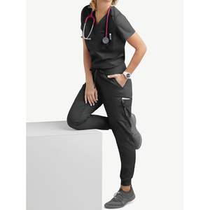 Uniformes personalizados con cuello en V para mujer, pantalones elásticos antipastillas para correr, clínica médica, Hospital, venta al por mayor, juegos de fregado suave a granel - Product Image 2