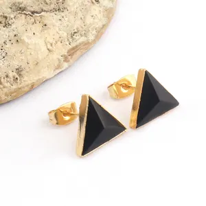 Creative Design Yellow Gold Plated Push Back Stud Earrings Triangle Shape Black Onyx Tiny Stud Earrings Earring Gift For Teens