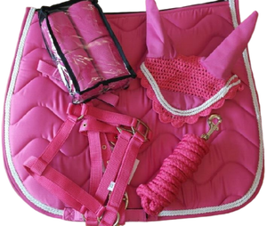 Quilted Saddle Pad Set with Fly Veil, Halter with Rope & Bandages | Complete Horse Tack Set - Product Image 1