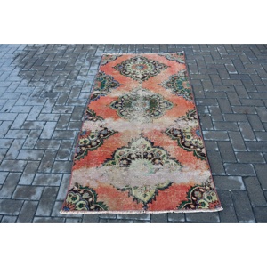 3.2x6.2 ft Rug, Turkish Vintage Rug, <b>Red</b> Blue Bordered <b>Wool</b> Rug - Product Image 1