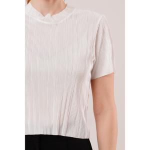 Lustrin Women's Ribbed Short Sleeve Shiny White Blouse - Wholesale Polyester Knit <b>Top</b> for Casual Wear - Product Image 6