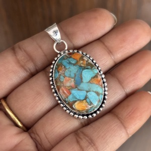 Latest Natural Oyster Turquoise, Spiny Turquoise Pendant 925 Sterling Silver <b>Necklace</b> for Women <b>Boho</b> Statement Pendant Jewelry - Product Image 1