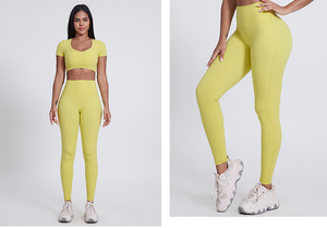 Yoga Sets Fitness <b>Women</b> Nylon <b>Green</b> Short Sleeves Bra and <b>Legging</b> Pants Tracksuit Set Gym Training Jogging Wear - Product Image 2