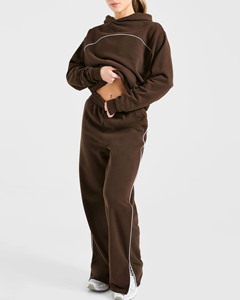 New Design Custom Logo <b>Coffee</b> Bean Hoodie & Jogger With Piping 2Piece Women's Tracksuits Breathable Sportswear Women Sweat Suits - Product Image 1