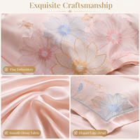Ensemble de housse de couette brodée de fleurs roses de luxe, literie douce effet satin avec taies d'oreiller
