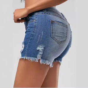 Women’s Vintage Style Denim <b>Shorts</b> with <b>High</b> Rise <b>Waist</b>, Loose Fit Silhouette, Faded Wash, Distressed Accents and Raw Edge Hem - Product Image 5