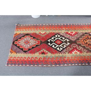 Vintage <b>Runner</b> Rug 3x9.6 ft (92x294 cm), Kilim <b>Red</b> Southwestern Turkish Rug - Product Image 5