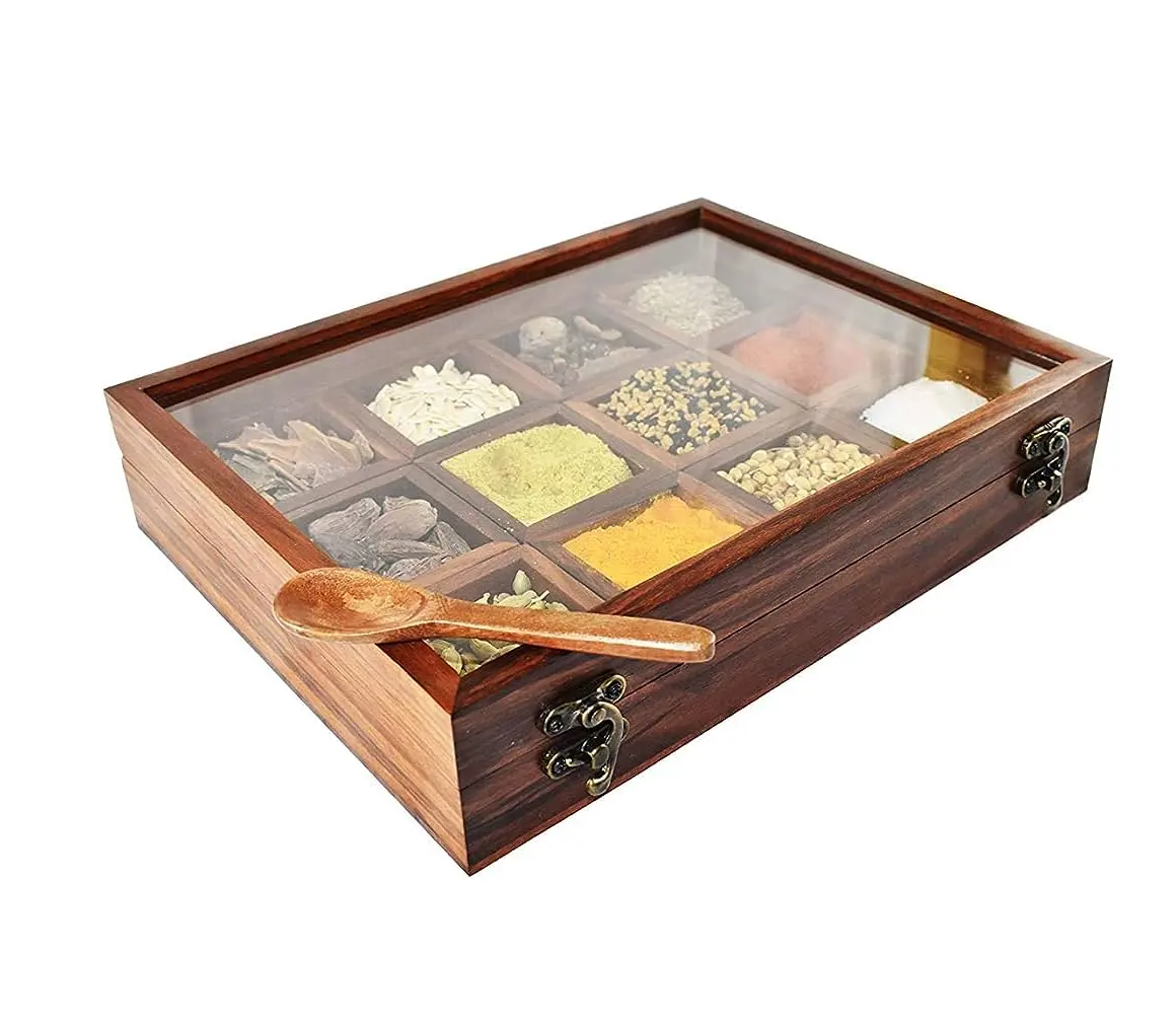 Caja de especias de madera de excelente calidad, almacenamiento de condimentos de cocina para el hogar personalizado, caja de especias de madera de mango