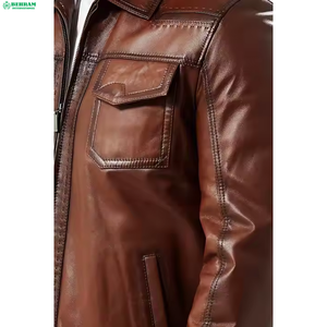 Veste en cuir véritable marron pour homme BEHRAM INTERNATIONAL, col rabattu, fermeture éclair, coupe classique, style automne - Product Image 5