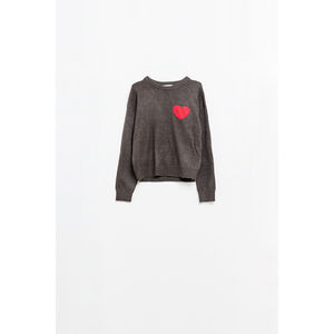 Suéter Gris Carbón Estilo Diario Otoñal con Detalle de Corazón Rojo - Product Image 1