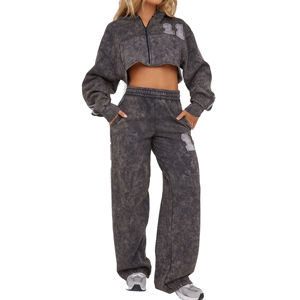 Conjunto de chándal de algodón lavado con efecto ácido para mujer, top corto transpirable, venta al por mayor para fabricantes de ropa - Product Image 1