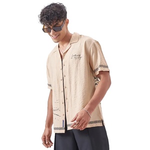 Men's Beige Short Sleeve Casual Shirt Hand Drawn Castle Print Turn-Down Collar 100% Cotton Poplin Summer Wear - Product Image 2