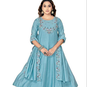 Vestidos de Noche de Rayón Pesado con Bordado de Hilo Blanco, Conjunto Kurti al por Mayor - Product Image 1