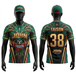 Jersey Deportivo Premium para Hombre, Malla de Poliéster de 180 GSM, Transpirable, Diseño de Paneles en Verde, Rojo y Dorado, Logotipo Personalizado por Sublimación, Ropa para Gaming - Product Image 1