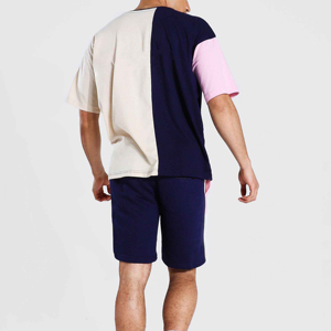 Men's Color Block Crew Neck T-Shirt & Shorts <b>Set</b> Cotton <b>Knitted</b> Casual Summer Wear - Product Image 2