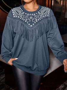 Sudadera verde azulado de gran tamaño con detalle de flecos de diamantes de imitación Jersey de inspiración occidental Ropa de calle adornada de manga larga - Product Image 3