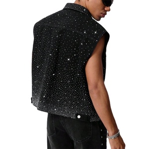 Personnalisé hommes rue vie strass chemise décontractée bouton avant sans manches poche décontracté Denim haut chemise strass personnalisation - Product Image 2