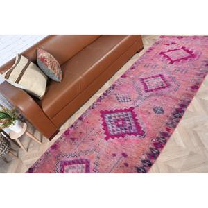 พรมวิ่งสไตล์วินเทจจากตุรกี ขนาด 3.2x10.1 ฟุต สีชมพู-ฟ้าลายจุด ทำจากขนสัตว์ - Product Image 3