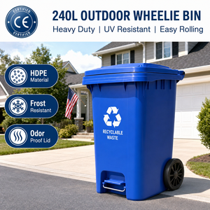 Contenedor de <span class=keywords><strong>Basura</strong></span> Ecológico de 240L para Áreas Públicas Exteriores con Logotipo Personalizado, HDPE Resistente con Tapas, Tapón de Drenaje y Ruedas con Freno - Product Image 1