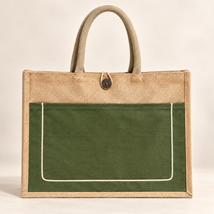 Olive <b>Green</b> Cotton Jute Tote <b>Bag</b> 16 x 13 x 6 Inch Front Pocket Button Closure Custom Logo Wholesale - Product Image 3