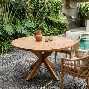 <b>Outdoor</b> Teak Wood <b>Round</b> Dining Set Sunburst <b>Table</b> Armchairs Solid Wooden Patio Garden Furniture Setup Art Design Decor - Product Image 4