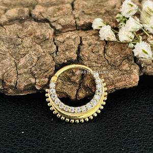 14K Solid <b>Gold</b> Natural Diamond Miligrain Septum Clicker Fine Jewelry. - Product Image 1