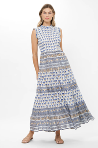 Robe longue en coton à imprimé floral Boho pour femmes Robe d'été sans manches trapèze avec col à volants Robe ethnique smockée à la taille - Product Image 2