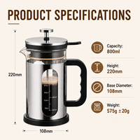 Cafetière à piston en acier inoxydable de 800 ml avec verre borosilicate, filtre 304 et couvercle à pression – Vente en gros