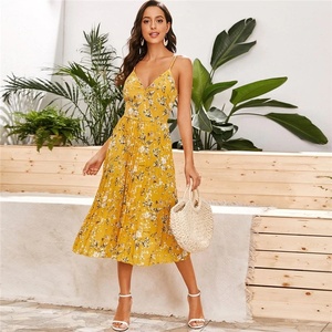 Vestido Bohemio de Verano con Estampado Floral, Cuello en V, Sin Mangas, Plisado, Cintura Imperio, Estilo Envolvente, Línea A, en Chifón - Product Image 1