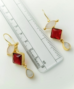 Gold Plated <b>Red</b> and White Stone <b>Earrings</b> for Women | Handmade Dangle Gemstone <b>Earrings</b> | Brass Base Fashion Jewelry - Product Image 5