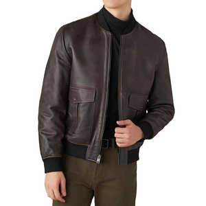 Chaqueta de cuero clásica premium OEM personalizada en color marrón oscuro para hombre, chaqueta de motociclista con cuello alto y cremallera para hombre. - Product Image 1