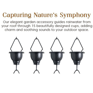 Diseño martillado recubierto de negro brillante, Metal de hierro, 15 tazas, cadena de lluvia colgante, cadena de canalones decorativa para el hogar más vendida - Product Image 3