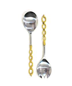 Ensemble de service à salade en laiton plaqué or avec poignée en chaîne comprenant une cuillère et une fourchette de service pour la cuisine à domicile - Product Image 1