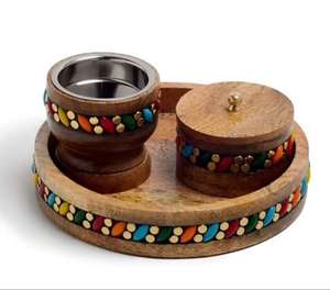Handcrafted <b>Wooden</b> Bakhoor & Mubkhar Incense Burner Set <b>Colourful</b> Gemstone Design Inlay Tray Jar Oud Burner Set At Best Price - Product Image 1
