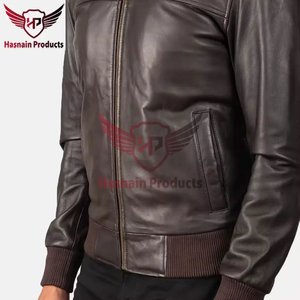 Mens Real Dark Brown <b>Leather</b> Bomber <b>Jacket</b> Shirt Collar Zip Front Sheepskin Coat Chest Seam Ribbed Hem Custom <b>Winter</b> Outerwear - Product Image 4