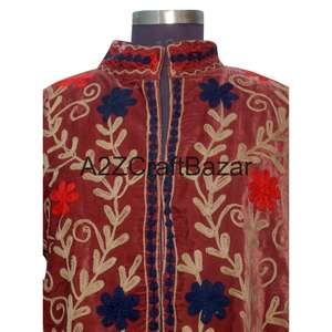 Artisan <b>Velvet</b> Suzani Embroidered Woven <b>Jacket</b> Boho Ethnic Winter Coat with Floral Quilted Cotton Lining & Button Closure - Product Image 3
