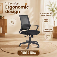 Chaise de bureau ergonomique en maille avec vérin à gaz, roulettes silencieuses, accoudoirs fixes, design moderne et minimaliste, dossier en maille respirante